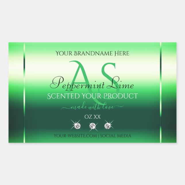 Green Shimmery Product Labels Rhinestones Monogram Rechteckiger Aufkleber (Vorderseite)