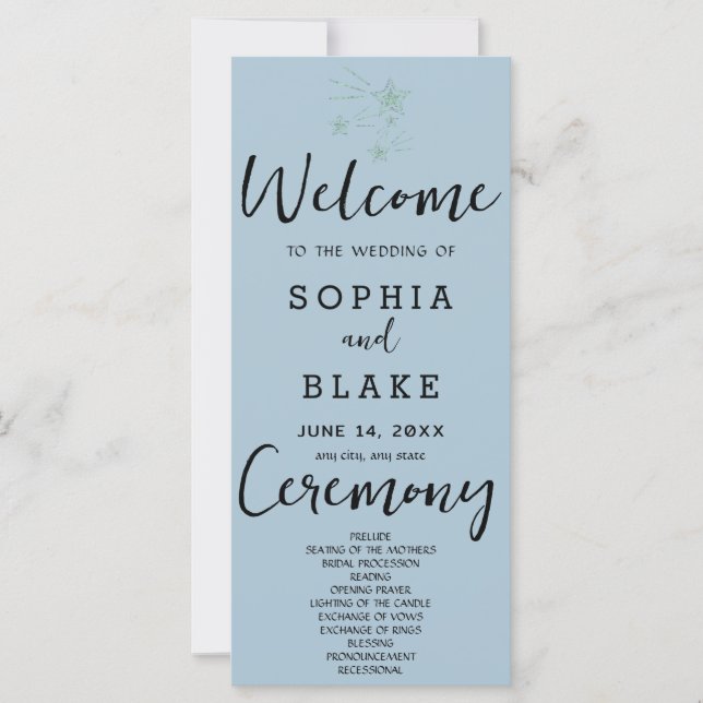 Green Shooting Stars Blue Gray Wedding Program (Vorderseite)