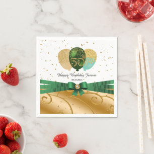 Green Silk Ribbon, Gold 50. Geburtstag & Balloons Serviette