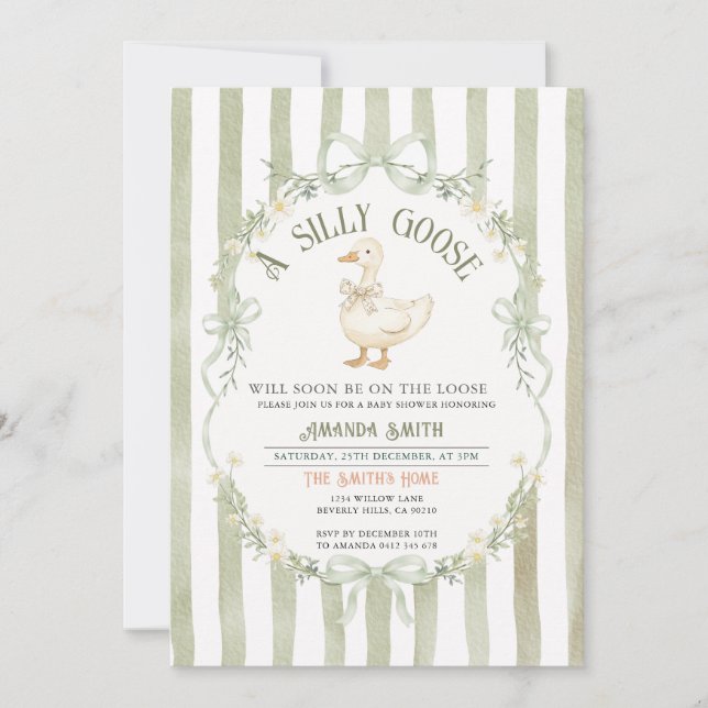 Green Silly Goose Baby Shower Preppy Strpes  Einladung (Vorderseite)
