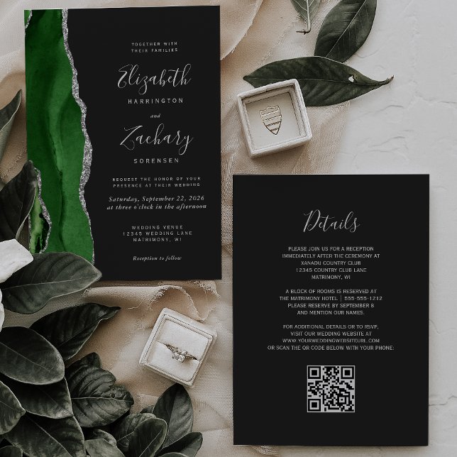 Green Silver Agate Dark QR Code Hochzeit Einladung (Von Creator hochgeladen)