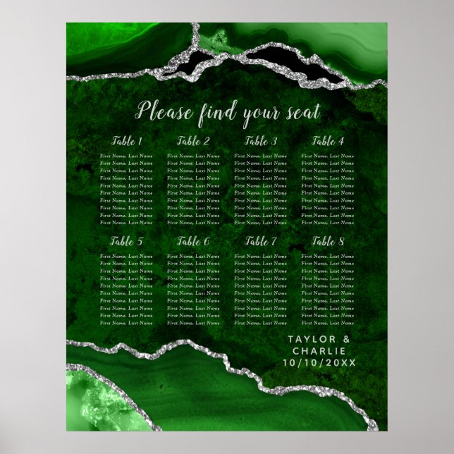 Green Silver Agate Wedding 8 Tables Sitzkarte Poster (Vorne)