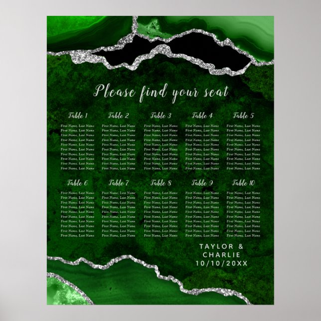 Green Silver Agate Wedding Seating Chart 12 Table Poster (Vorne)