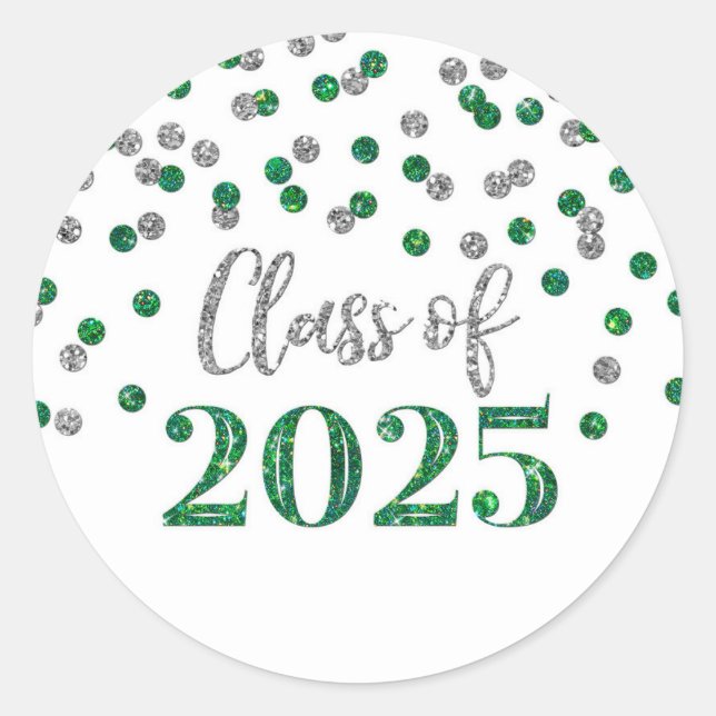 Green Silver Confetti Abschluss 2025 Runder Aufkleber (Vorderseite)