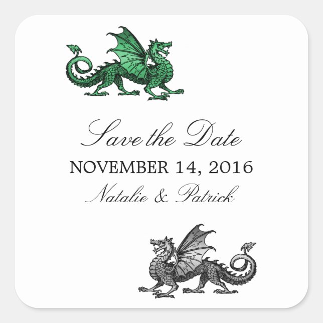 Green Silver Dragon Save the Date Stickers (Vorderseite)