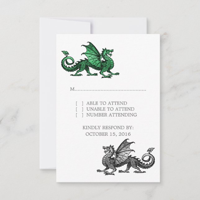 Green Silver Dragon Wedding Response Card RSVP Karte (Vorderseite)
