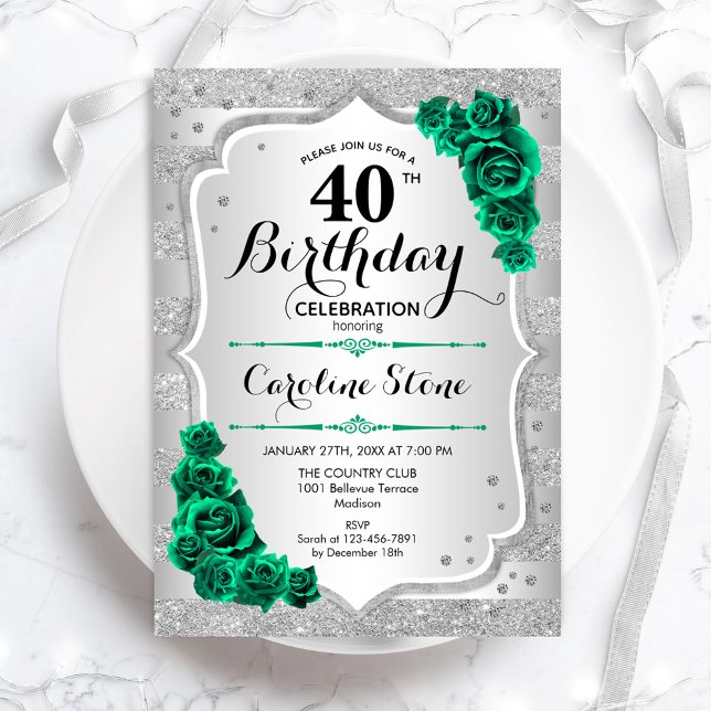 Green Silver Elegant Floral 40. Geburtstag Einladung (Von Creator hochgeladen)
