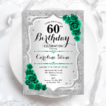Green Silver Elegant Floral 60. Geburtstag Einladung<br><div class="desc">60. Geburtstagsfeier Einladung. Elegantes florales smaragdgrünes Design mit Rose. Enthält Imitate Glitzer silberne Streifen und Skript-Schriftart. Ideal für eine stilvolle Damenfeier. Kann für jedes Alter angepasst werden! Gedruckte Zazzle Einladungen oder Sofortdownload digitalen druckbaren Vorlage.</div>