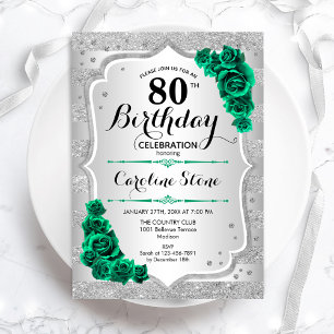 Green Silver Elegant Floral 80. Geburtstag Einladung