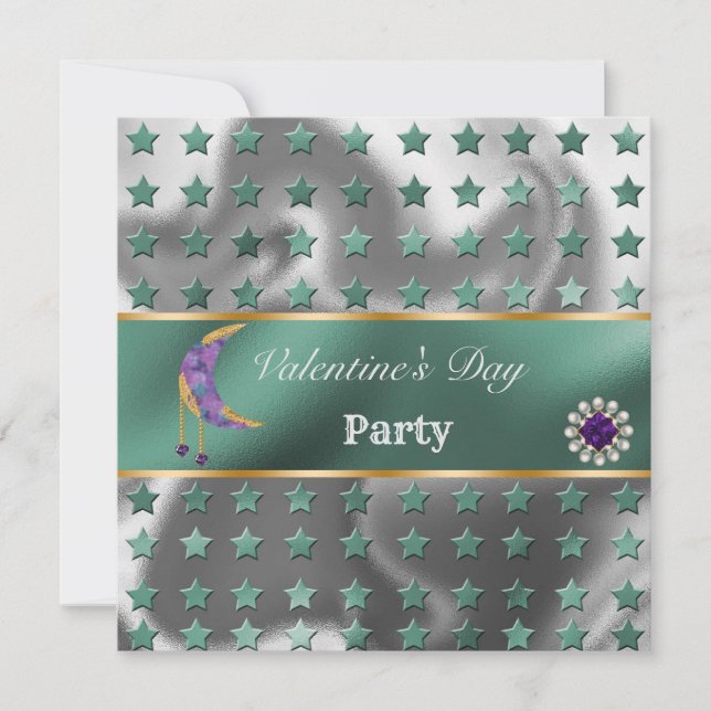 Green Silver Foil Glitzer Lila Moon Valentine Einladung (Vorderseite)