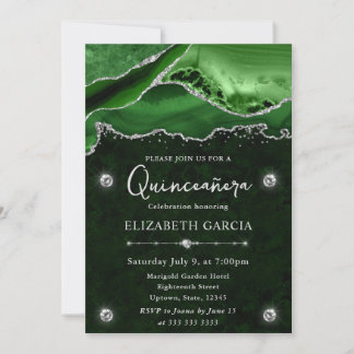 Green & Silver Glitzer Agate Quinceanera Einladung
