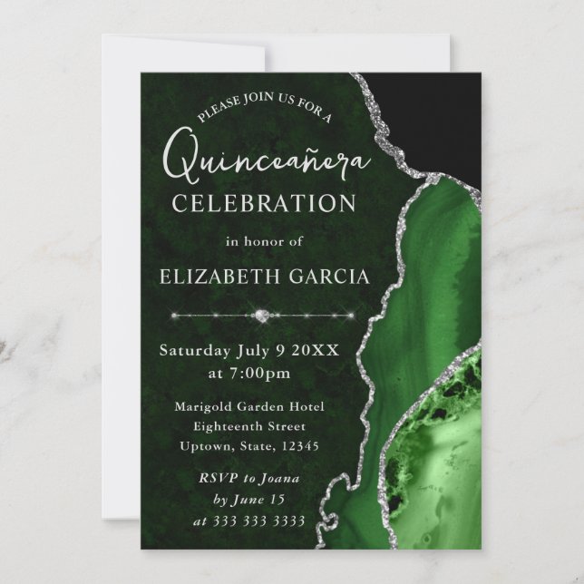 Green & Silver Glitzer Agate Quinceanera Einladung (Vorderseite)