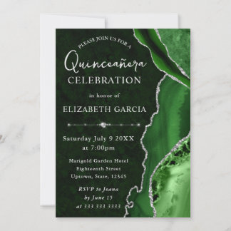 Green & Silver Glitzer Agate Quinceanera Einladung