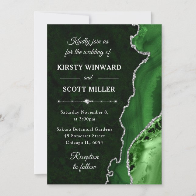 Green & Silver Glitzer Agate und Marmorhochzeit Einladung (Vorderseite)