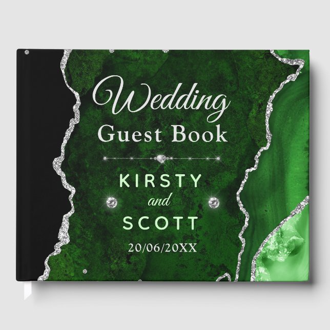 Green & Silver Glitzer Agate Wedding Gästebuch (Vorderseite)