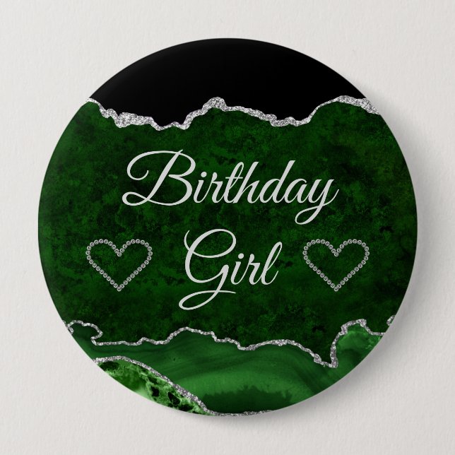 Green & Silver Glitzer Marble Agate Birthday Girl Button (Vorderseite)