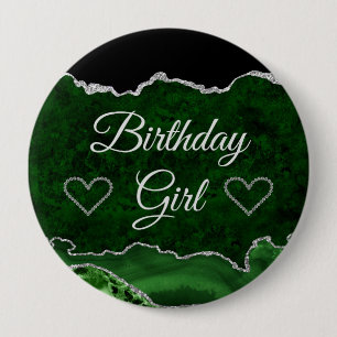 Green & Silver Glitzer Marble Agate Birthday Girl Button