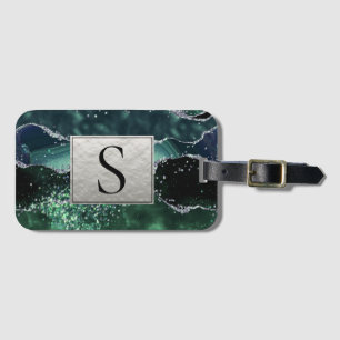 Green Silver Glitzer Marble Geode Agate Monogram Gepäckanhänger