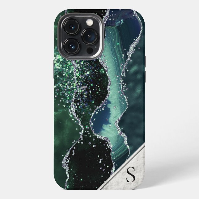 Green Silver Glitzer Marble Geode Agate Monogram iPhone Hülle (Rückseite)