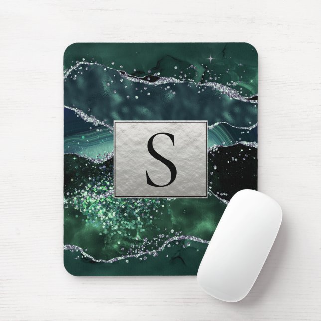 Green Silver Glitzer Marble Geode Agate Monogram Mousepad (Mit Mouse)