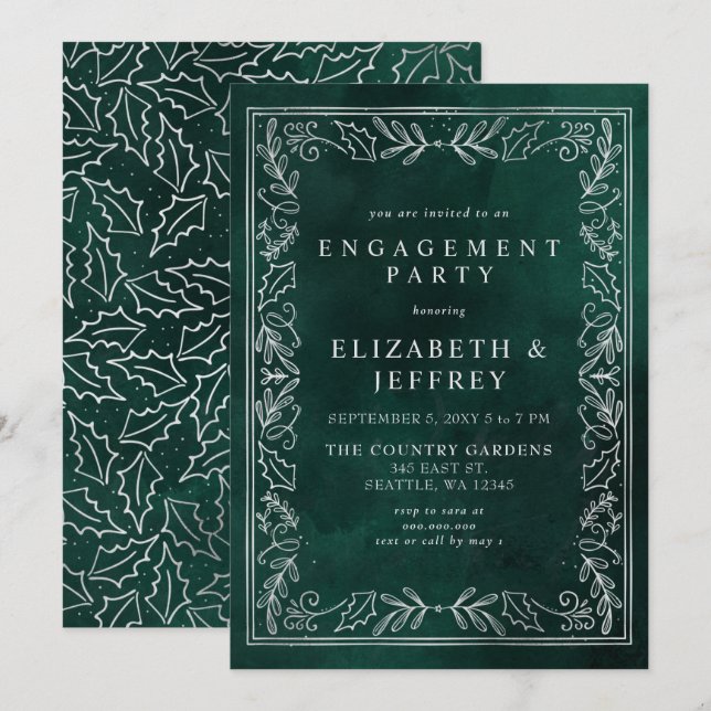 Green Silver Holly Weihnachts-Engagement Partei Einladung (Vorne/Hinten)
