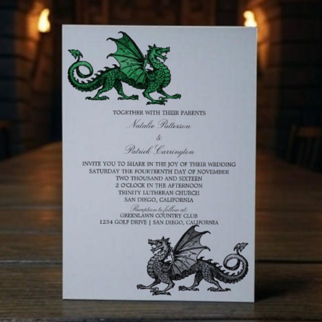 Green Silver Mittelalterlicher Drache Hochzeitsemp Einladung (Green Silver Medieval Dragon Wedding Invite)