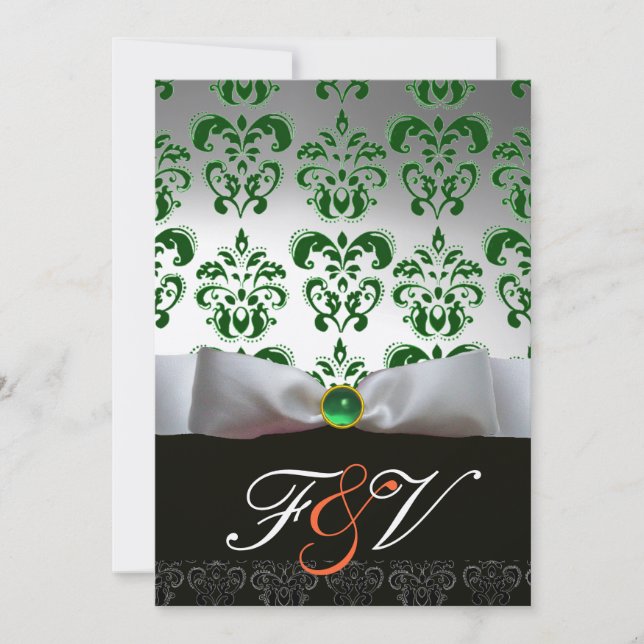 GREEN SILVER RIBBON & SCHWARZ DAMASK MONOGRAMM Ora Einladung (Vorderseite)