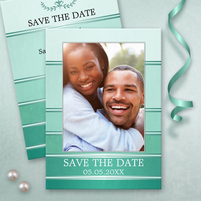 Green Silver Strip Foto Save the Date Karte (Elegant green silver striped Save the Date card featuring your own engagement photo)