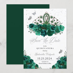 Green & Silver Tiara Save the Date Quinceañera Einladung