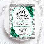 Green Silver White Überraschung 40. Geburtstag Einladung<br><div class="desc">Überraschung 40. Geburtstag Party Einladung. Weibliches smaragdgrünes Design mit Imitaten Glitzer Silber. Weiße und silberne Streifen,  Rose,  Skript-Schriftart und Konfetti. Ideal für eine elegante Damenfeier. Kann personalisiert sein,  jedes Alter zu zeigen. Gedruckte Zazzle Einladungen oder Sofortdownload digitalen druckbaren Vorlage.</div>