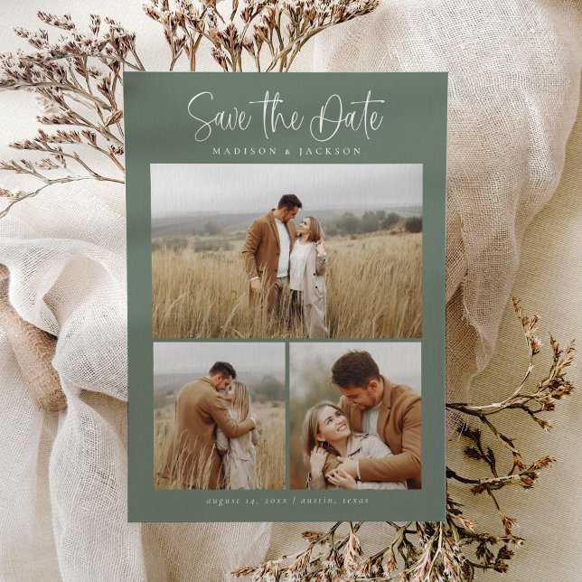 Green Simple Calligraphy Script Modern Four Foto Save The Date (Von Creator hochgeladen)