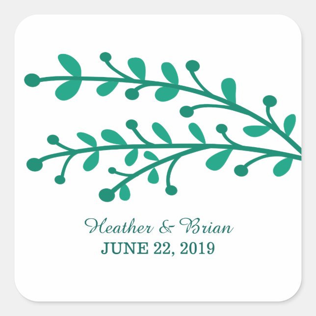 Green Simple Foliage Wedding Quadratischer Aufkleber (Vorderseite)