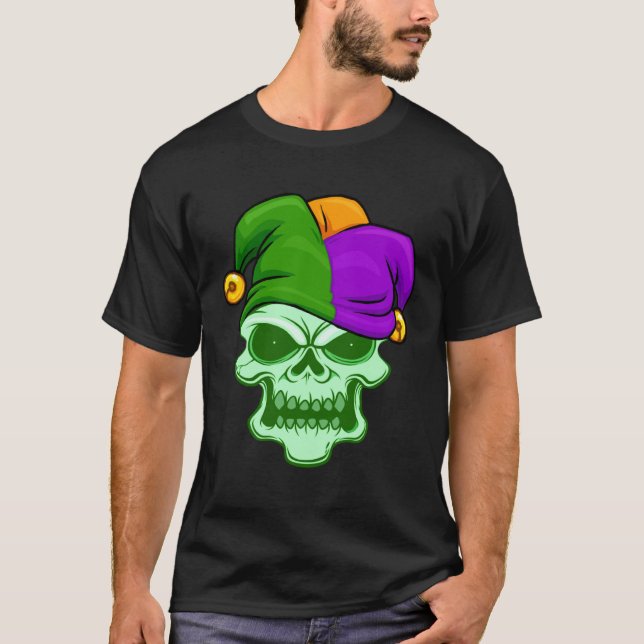 Green Skull Face Mardi Gras Jester Hat Louisiana C T-Shirt (Vorderseite)