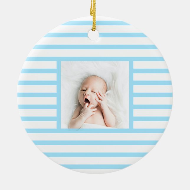 Green Sleepy Baby Dino | Baby Blue Stripe Modern Keramik Ornament (Hinten)