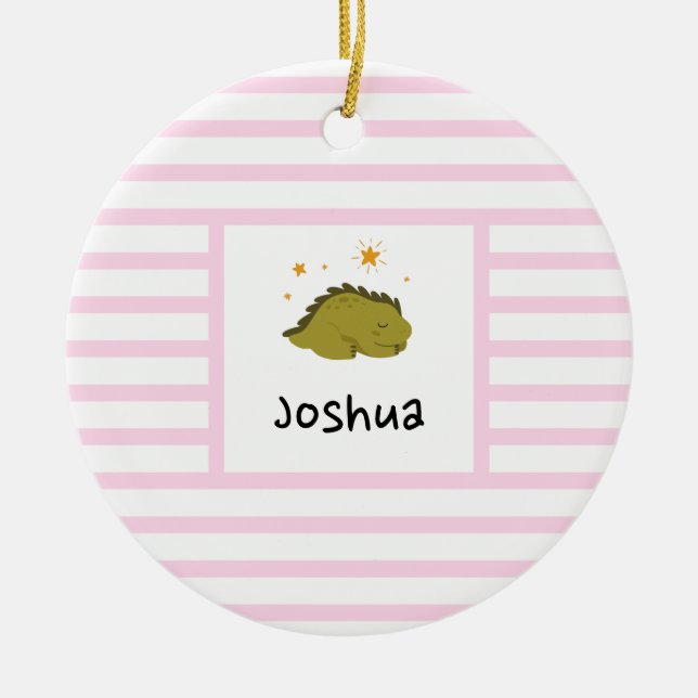 Green Sleepy Baby Dino | Baby Pink Strip Modern Keramik Ornament (Vorne)