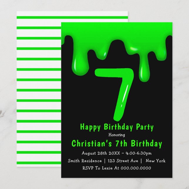 Green Slime 7. Geburtstag Einladungen (Vorne/Hinten)