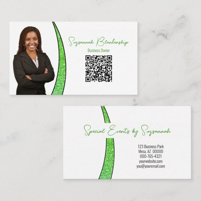 Green Sliver Imitate Glitzer Foto QR Beruflich Visitenkarte (Vorne/Hinten)