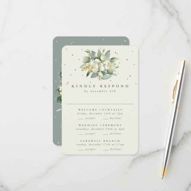 Green Snowberry+Eucalyptus Wedding Multi-Event RSVP Karte (Vorderseite/Rückseite Beispiel)