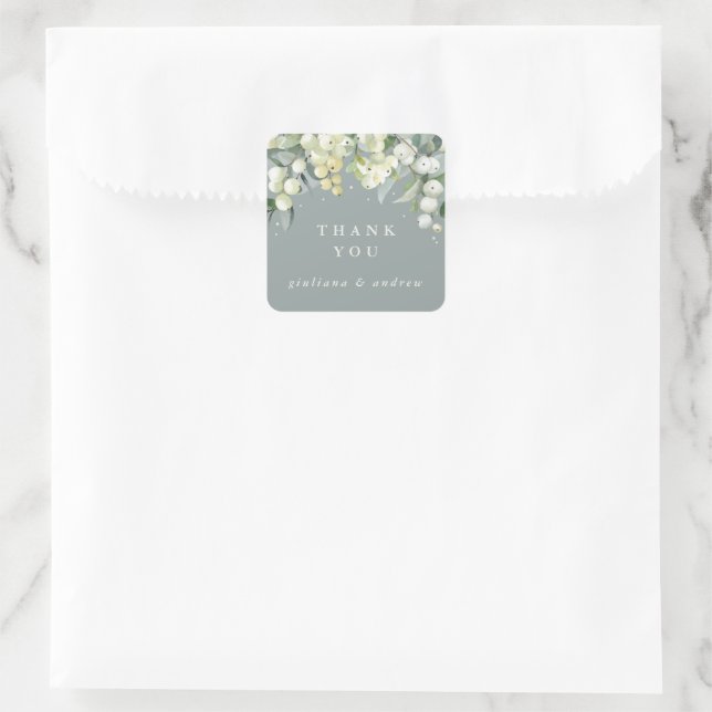 Green Snowberry+Eucalyptus Wedding Vielen Dank Quadratischer Aufkleber (Tasche)