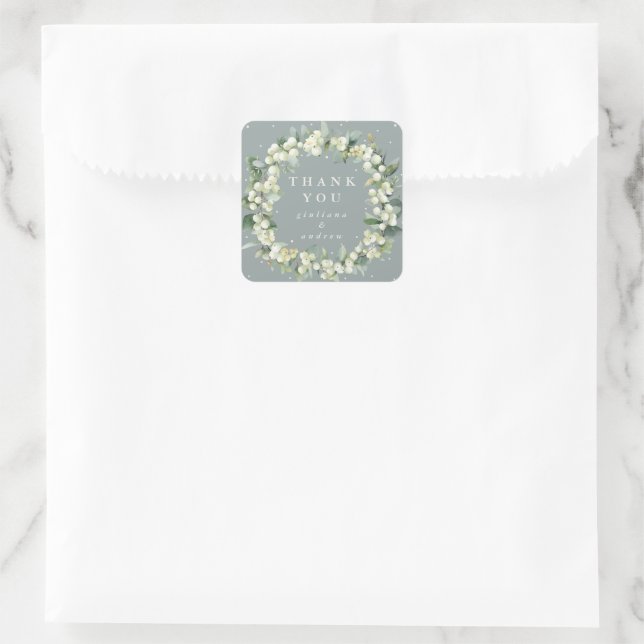 Green Snowberry+Eucalyptus Wedding Vielen Dank Quadratischer Aufkleber (Tasche)