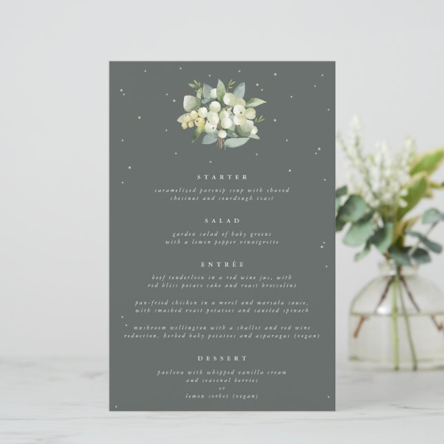 Green Snowberry+Eukalyptus 4 Course Wedding Menu (Stehend Vorderseite)