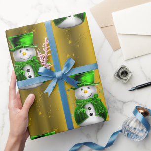 Green Snowman on Gold Christmas Geschenkpapier