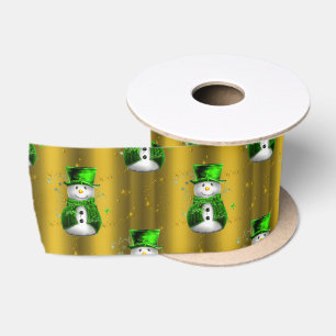 Green Snowman on Gold Christmas Satinband