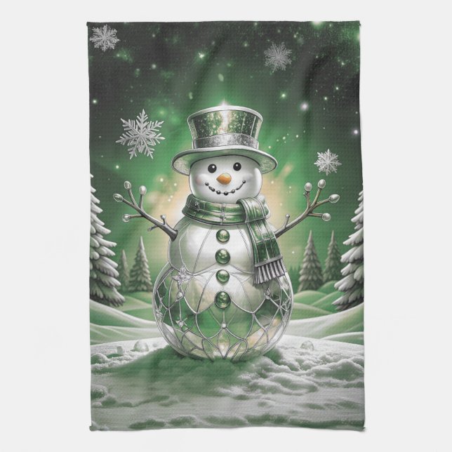 Green Snowman Snowflakes Holiday Kitchen Towel Geschirrtuch (Vertikal)