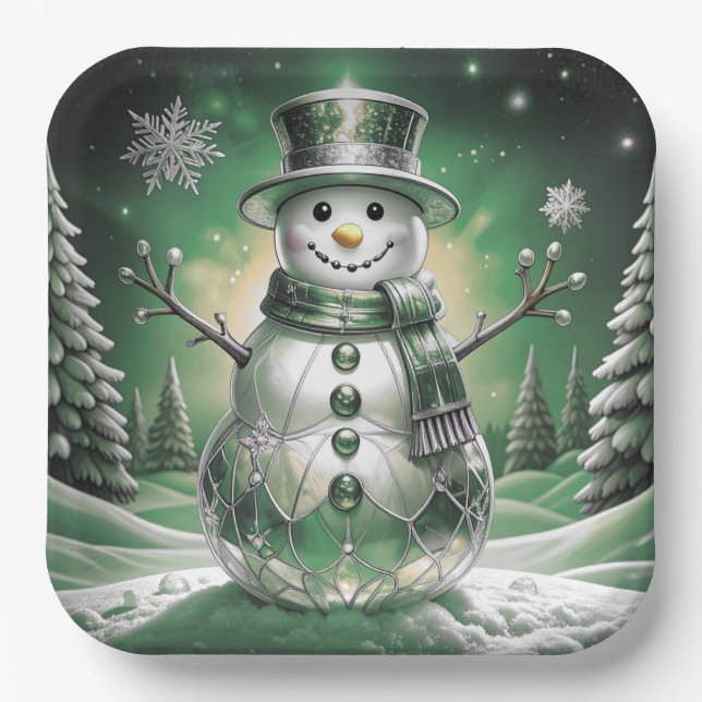 Green Snowman Snowflakes Holiday Paper Plate Pappteller (Vorderseite)