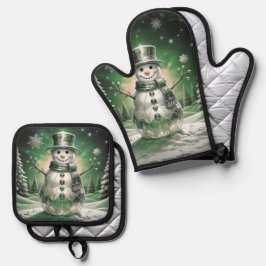 Green Snowman Snowflakes Ofenhandschuh & Topflappen-Set