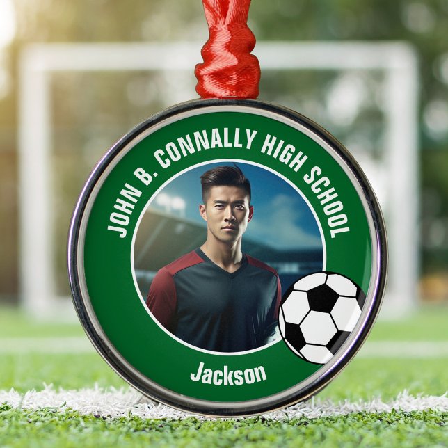 Green Soccer Player Photo High School Christmas Ornament Aus Metall (Von Creator hochgeladen)
