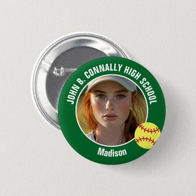 Green Softball Player Photo High School Spirit Button (Vorne & Hinten)