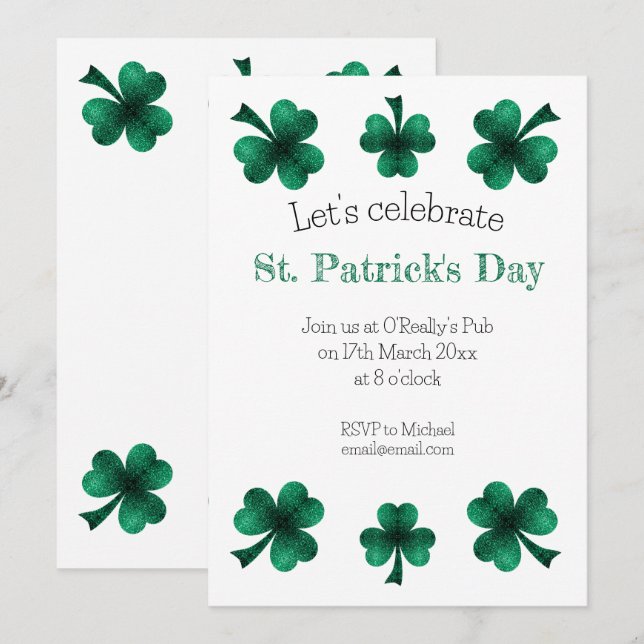 Green Sparkle Shamrock St. Patrick's Day White Einladung (Vorne/Hinten)