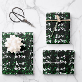 Green sparkles Sweet 16 elegant script pattern Geschenkpapier Set